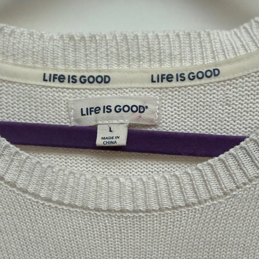 New Life is Good Striped Cream Black Sweater with Sun Embroidery, drop sleeves L - Picture 5 of 6